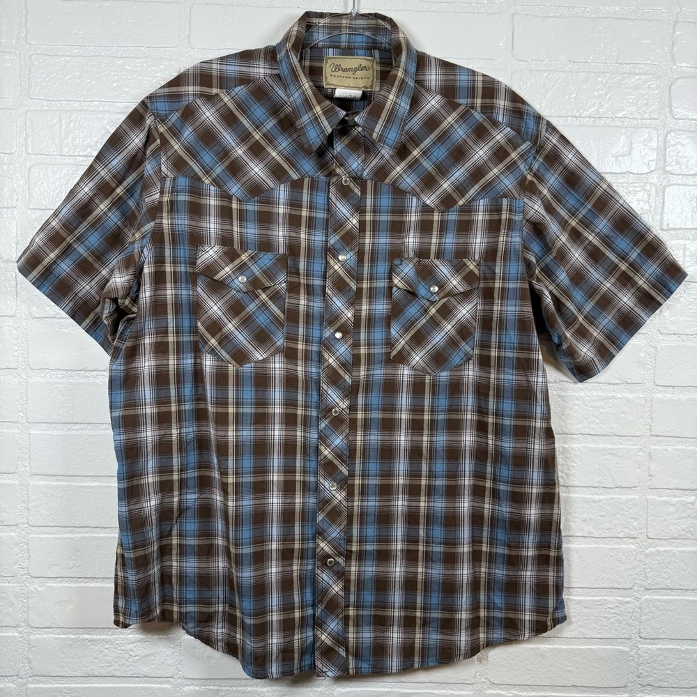 Wrangler Western Shirt Mens XL Brown Blue Plaid Pearl Snap Short Sleeve Cowboy